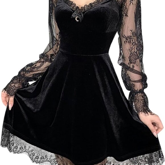 Long Sleeve Gothic Dress Women Vintage Sexy V-Neck Casual Aesthetic - Picture 1 of 6